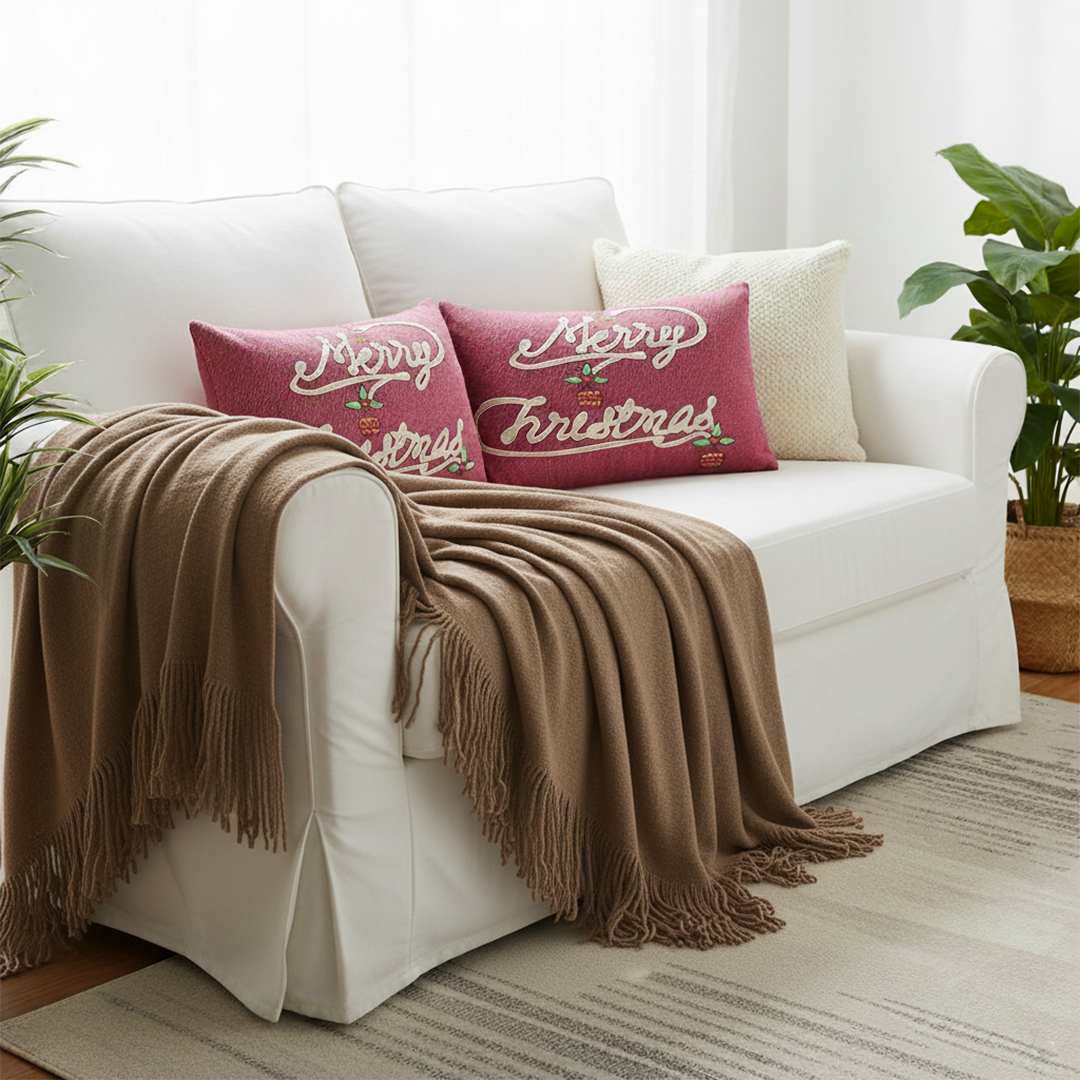 SOGA 4PC Christmas Set – Coffee Knitted Throw with Fringes + Script & Cream Pillowcases – Cozy Festive Decor