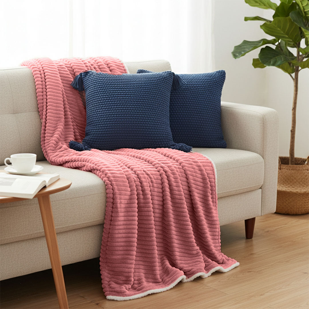 SOGA 3PC Cozy Set – Pink Flannel Throw Blanket with Decorative Pillow Covers (Chunky Knit & Textured Navy Design)