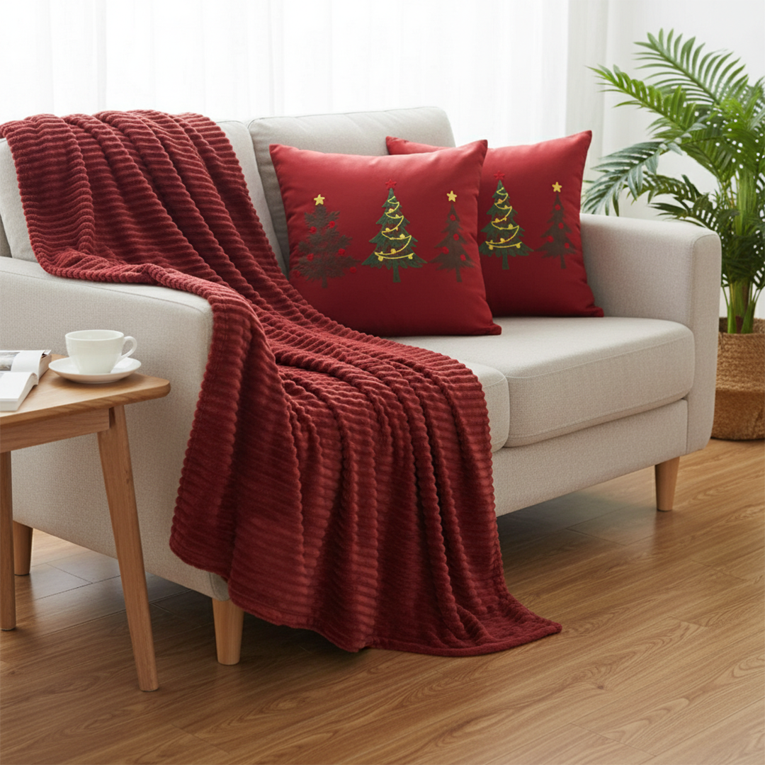 SOGA 3PC Christmas Set – Burgundy Striped Flannel Throw Blanket with Red Tree Trio Pillow Covers