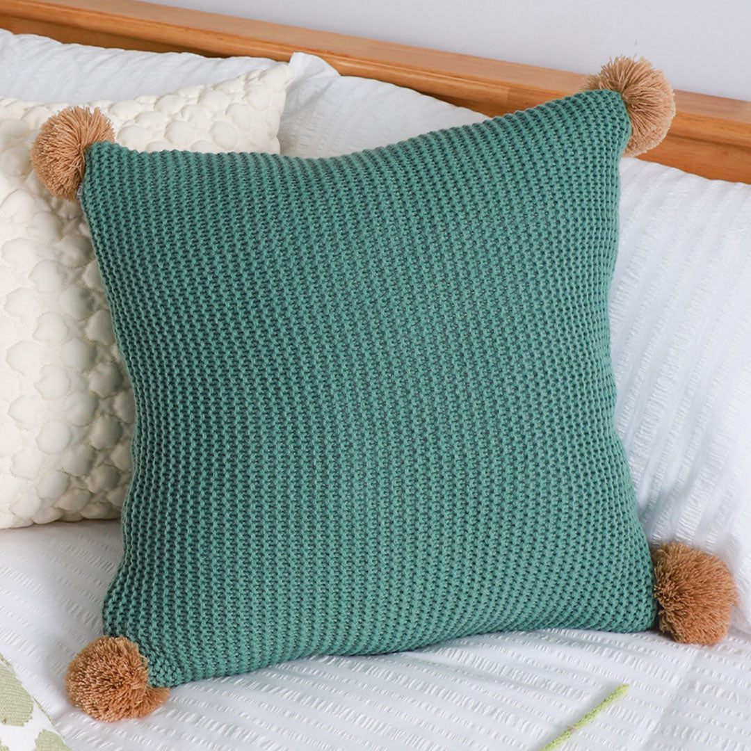 SOGA 45cm Ribbed Knit Pillowcase with Pom-Poms (Sage Green)