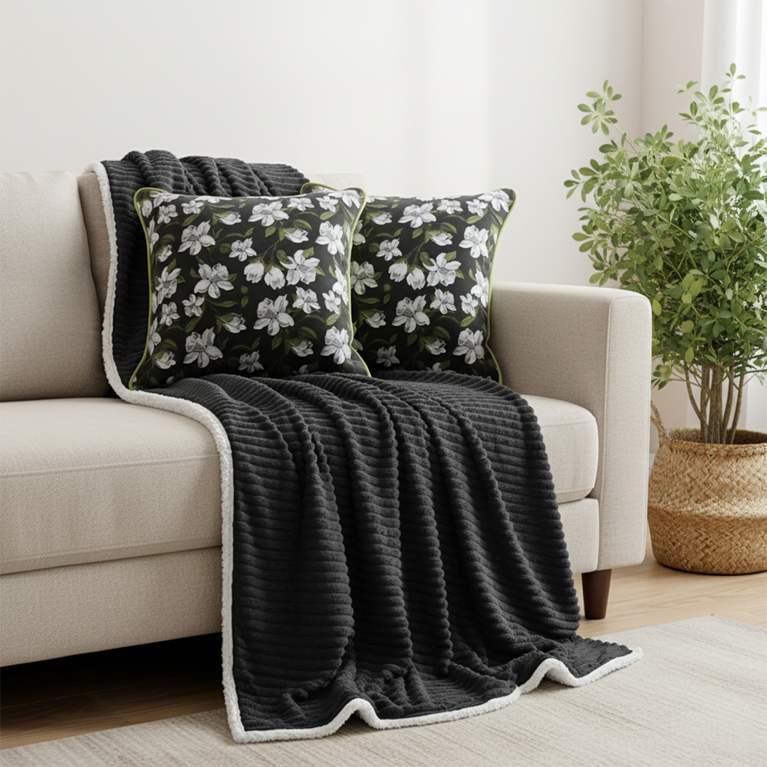 SOGA 3PC Cozy Set – Double-Sided Flannel Throw Blanket with Black Floral Pillow Covers (Green Trim Design)