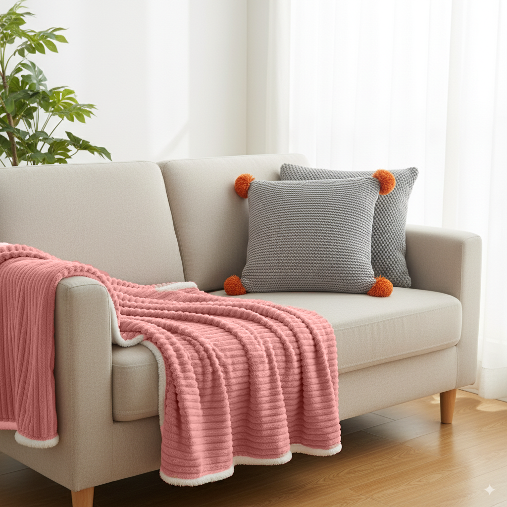SOGA 3PC Cozy Set – Pink Flannel Throw Blanket with Pillow Covers (Stone Texture & Gray Ribbed Pom-Poms Design)