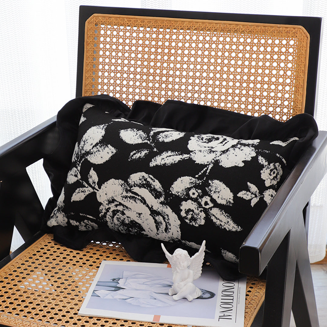 SOGA 30x50 Rectangular Rustic Black Floral Ruffle Pillow Cover
