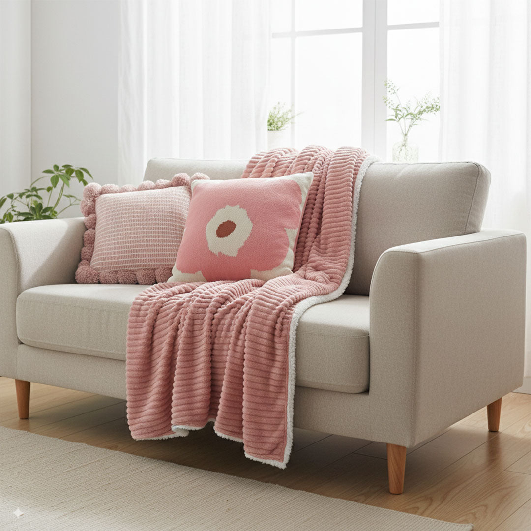 SOGA 3PC Cozy Pink Set – Flannel Throw Blanket with Pillow Covers (Ribbed Pom-Poms & Blush Bloom Design)