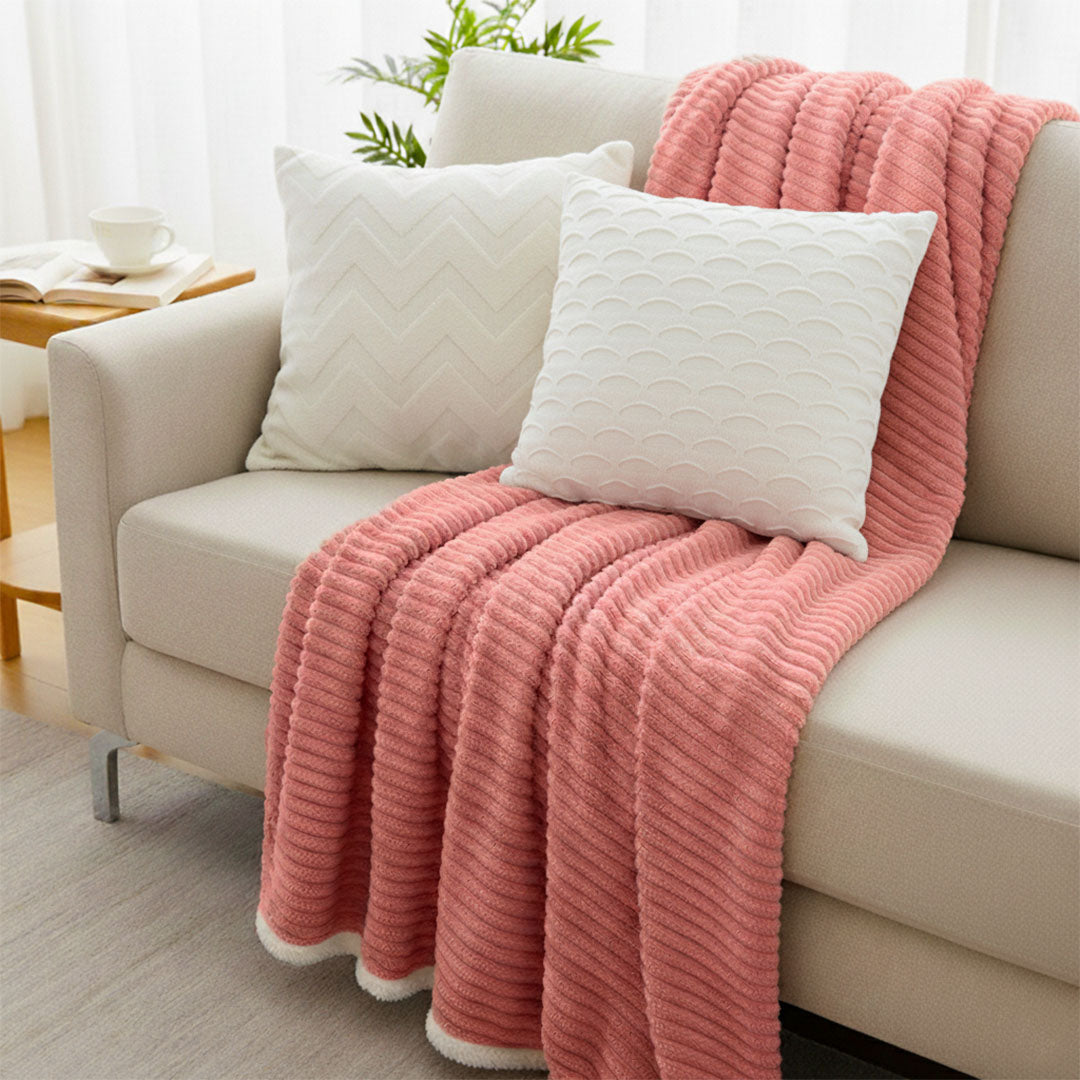 SOGA 3PC Cozy Set – Pink Flannel Throw Blanket with Decorative Pillow Covers (Chevron Pure & Scalloped Wave White Design)