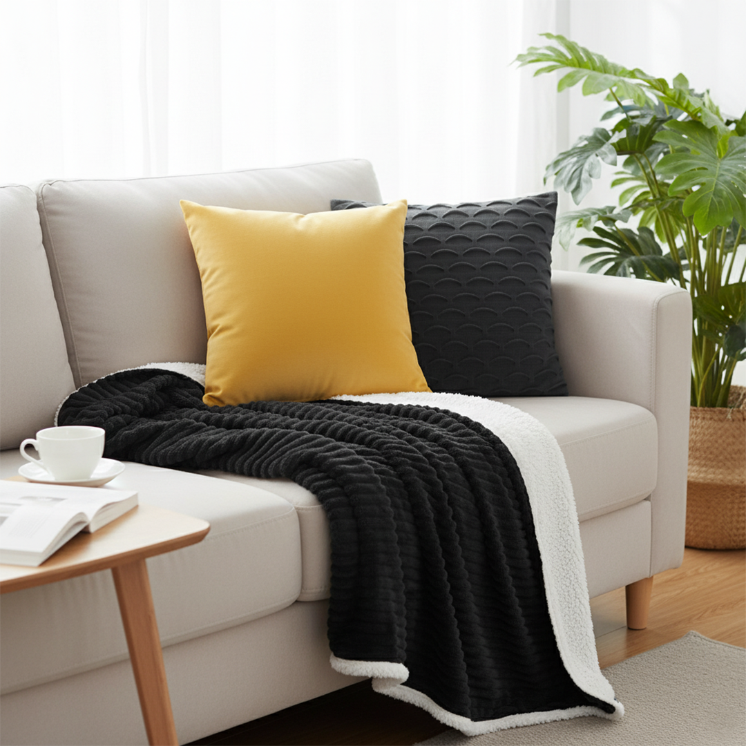 SOGA 3PC Cozy Set – Flannel Throw Blanket with Pillow Covers (Scalloped Charcoal & Golden Velvet Design)