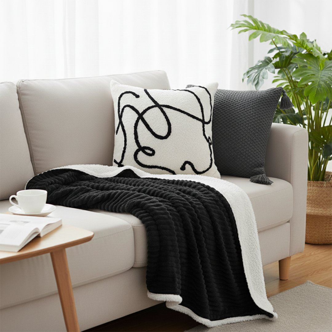 SOGA 3PC Cozy Home Set – Flannel Throw Blanket with Decorative Pillow Covers (Knit & Abstract Design)