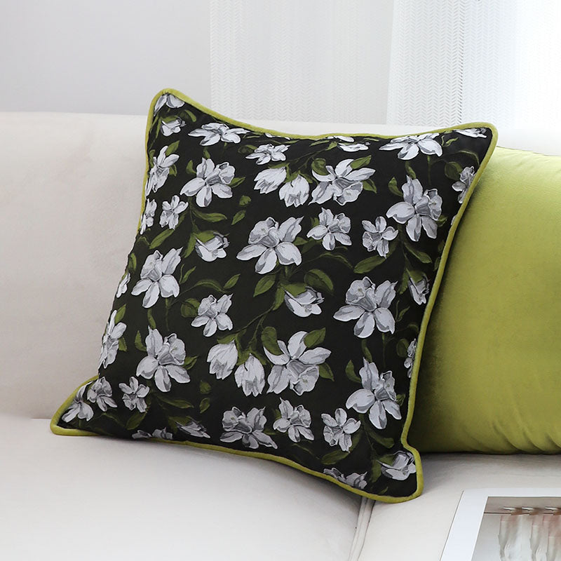 SOGA 45cm Black Floral Pillow Cover with Green Trim