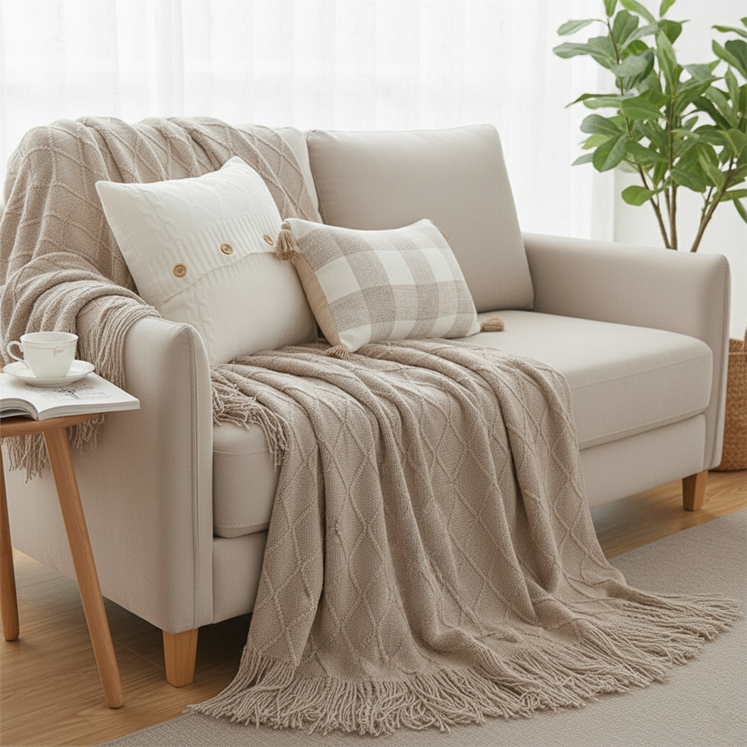 SOGA 3PC Cozy Set – Coffee Diamond Knit Throw Blanket with Decorative Pillow Covers (Knit Comfort & Gingham Check Design)