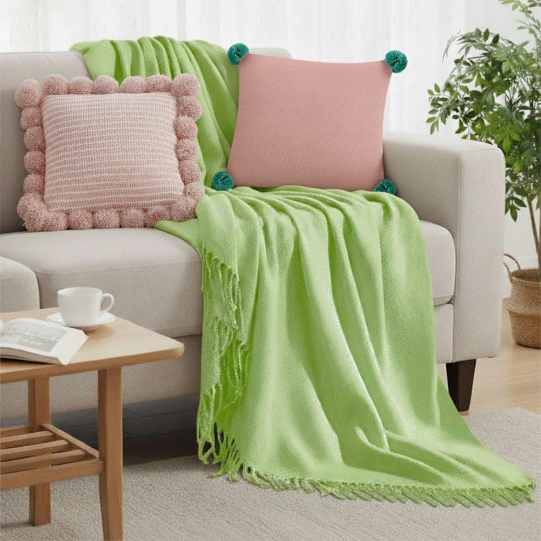 SOGA 3PC Cozy Knit Set – Green Acrylic Throw Blanket with Ribbed Pillow Covers and Pom-Poms (Blush Pink & Dusty Rose Design)