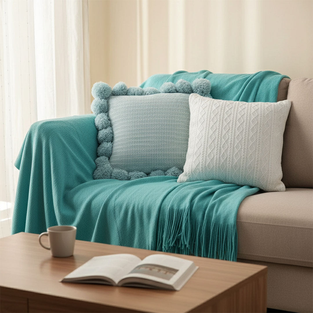 SOGA 3PC Cozy Knit Set – Teal Throw Blanket with Decorative Knitted Pillow Covers (Blue Ribbed & Cable Knit Design)