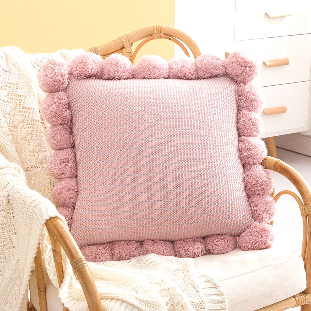 SOGA 45cm Blush Pink Ribbed Pillow Cover with Pom Poms