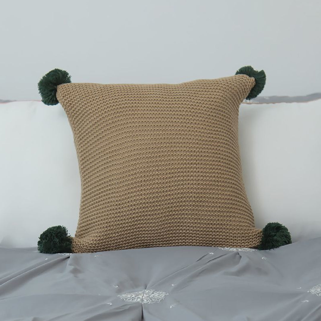 SOGA 45cm Ribbed Knit Pillowcase with Pom-Poms (Warm Beige)