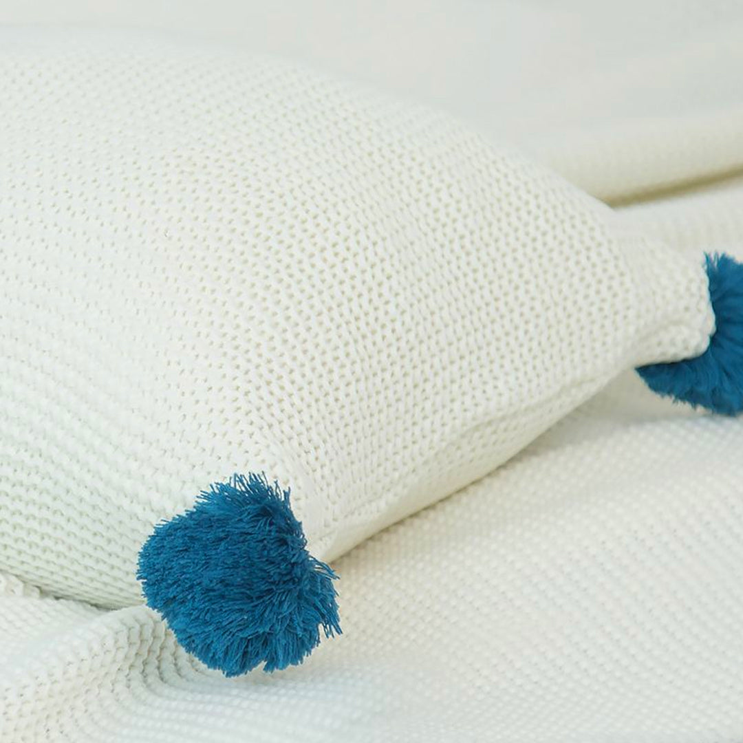 SOGA 45cm Ribbed Knit Pillowcase with Pom-Poms (Cream White)