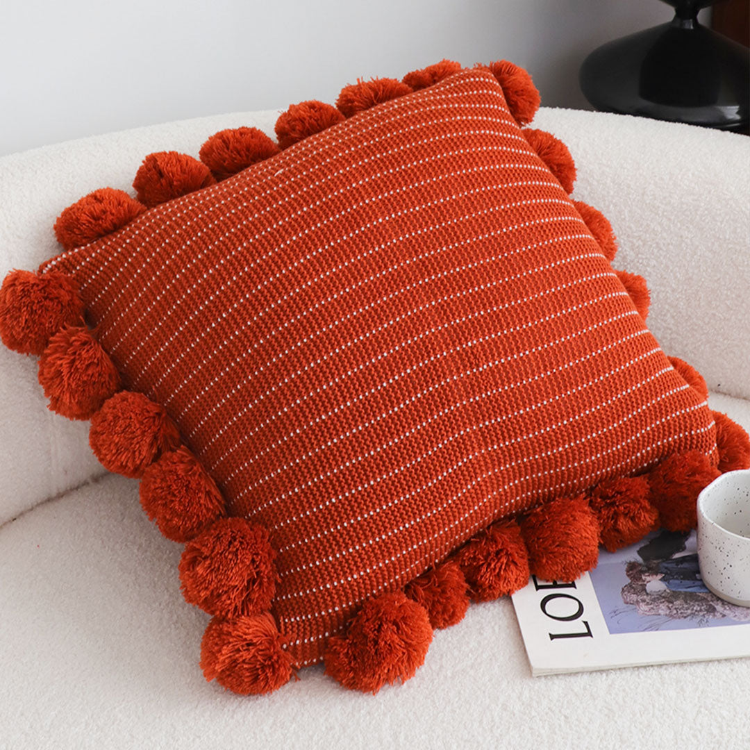 SOGA 45cm Rust Red Ribbed Pillow Cover with Pom Poms