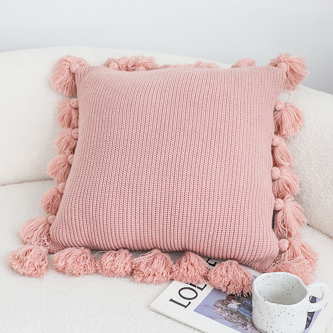 SOGA 45cm Textured Pillowcase with Pom-Pom Trim (Soft Pink)