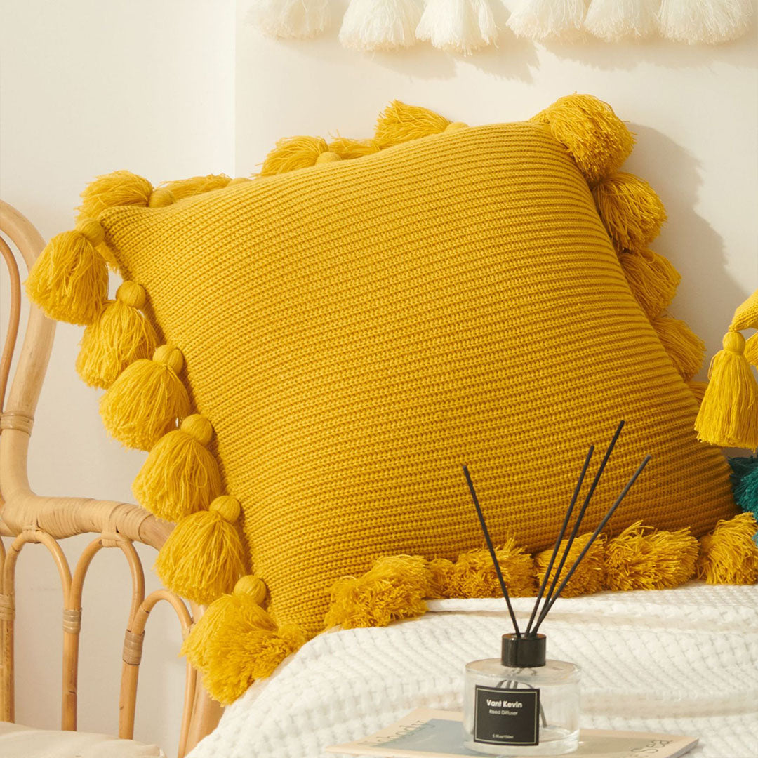 SOGA 45cm Textured Pillowcase with Pom-Pom Trim (Sunny Yellow)
