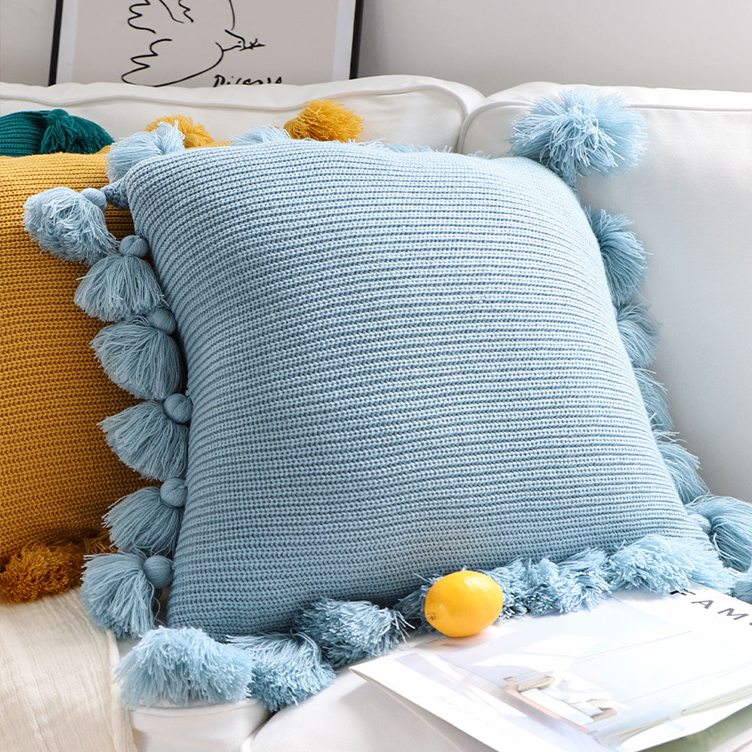 SOGA 45cm Textured Pillowcase with Pom-Pom Trim (Sky Blue)