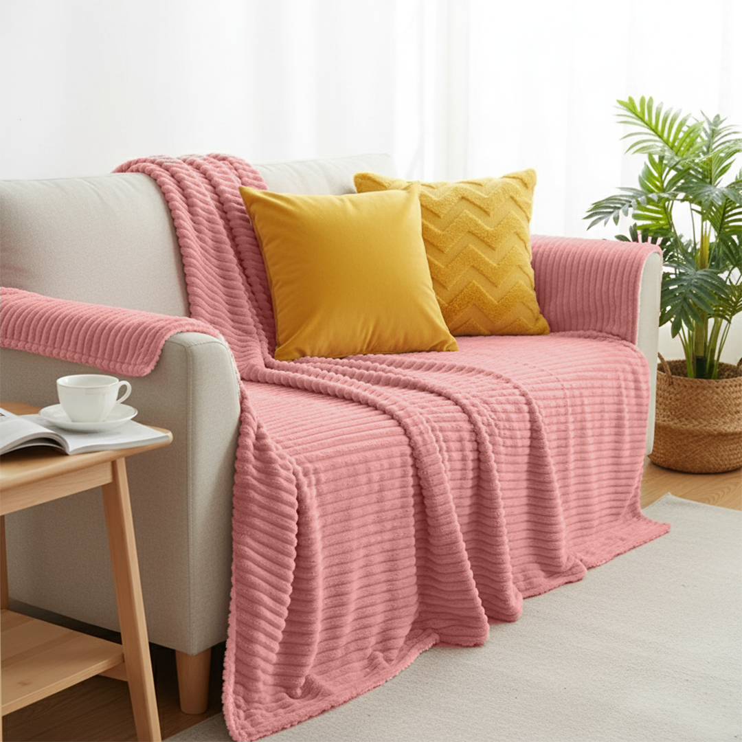 SOGA 3PC Cozy Set – Pink Flannel Throw Blanket with Pillow Covers (Chevron & Yellow Velvet Design)