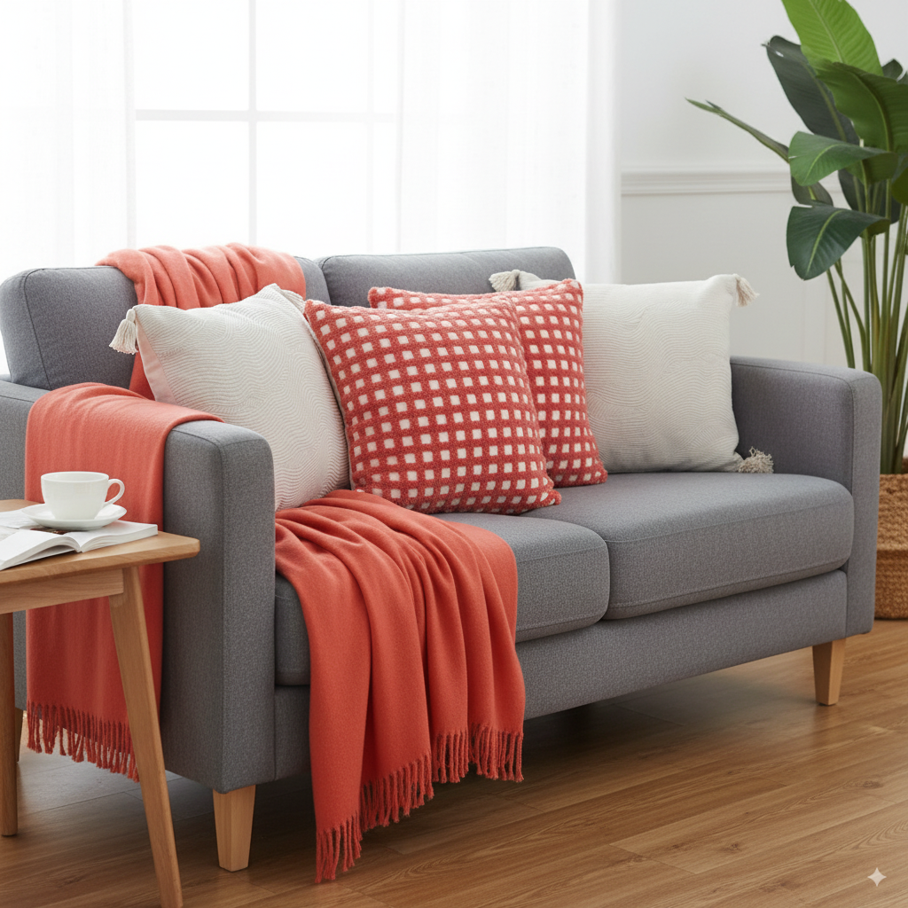 SOGA 5PC Set – Orange Knitted Throw with Fringes + Coral Polka Dot & Cream Tassel Pillowcases – Cozy Home Decor