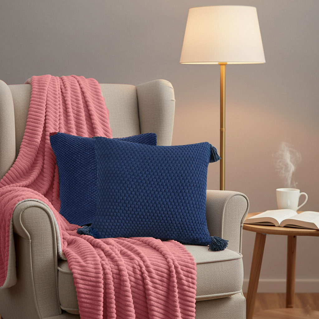 SOGA 3PC Cozy Set – Pink Flannel Throw Blanket with Decorative Pillow Covers (Chunky Knit & Textured Navy Design)