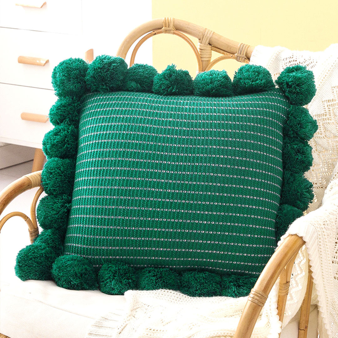 SOGA 45cm Teal Ribbed Pillow Cover with Pom Poms