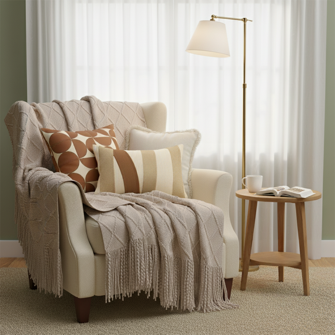 SOGA 4PC Set – Coffee Diamond Knitted Throw with Tassels + Striped, Geometric & Cream Pillowcases – stylish Decor