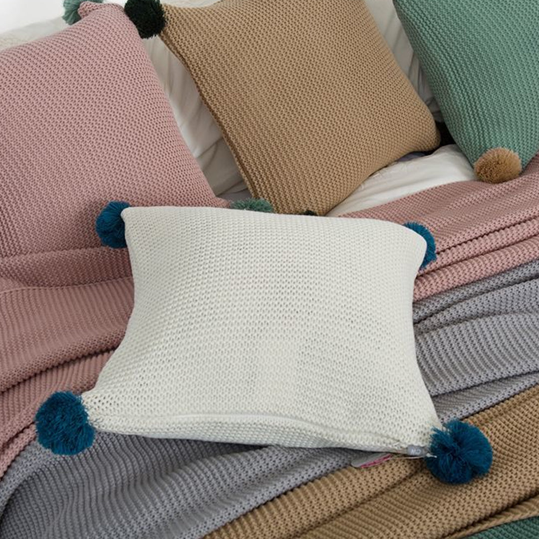 SOGA 45cm Ribbed Knit Pillowcase with Pom-Poms (Cream White)