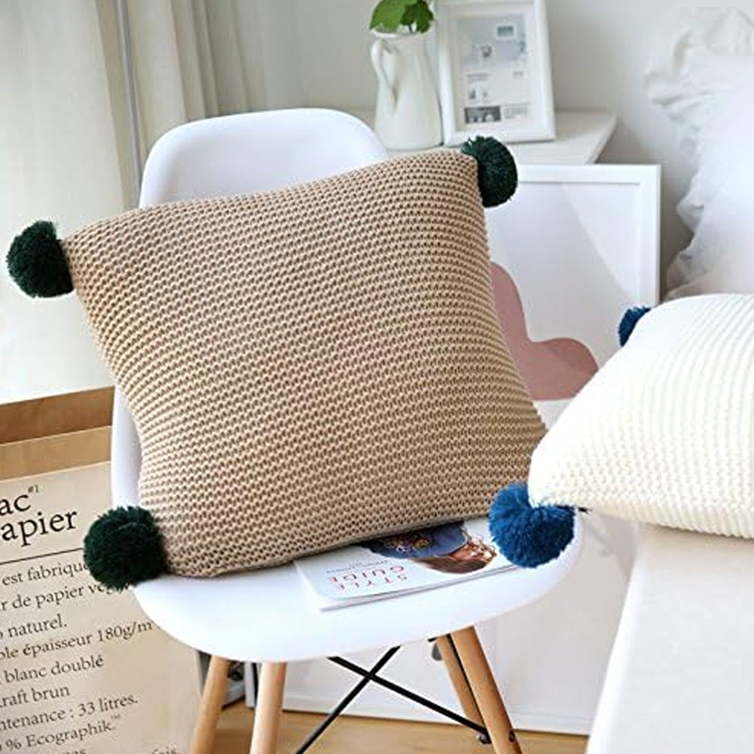 SOGA 45cm Ribbed Knit Pillowcase with Pom-Poms (Warm Beige)