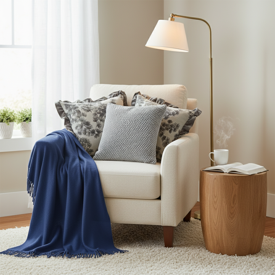 SOGA 4PC Set – Royal Blue Knitted Throw with Fringes + Gray Floral Ruffle & Stone Pillowcases – Cozy Elegant Decor