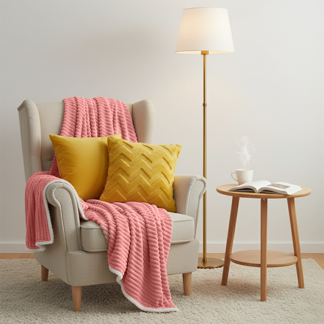 SOGA 3PC Cozy Set – Pink Flannel Throw Blanket with Pillow Covers (Chevron & Yellow Velvet Design)