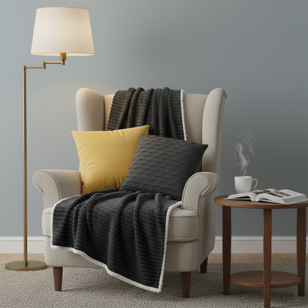 SOGA 3PC Cozy Set – Flannel Throw Blanket with Pillow Covers (Scalloped Charcoal & Golden Velvet Design)