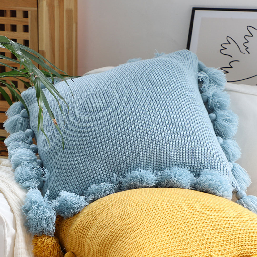 SOGA 45cm Textured Pillowcase with Pom-Pom Trim (Sky Blue)