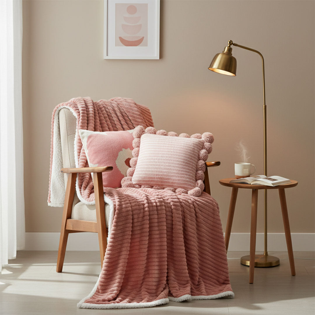 SOGA 3PC Cozy Pink Set – Flannel Throw Blanket with Pillow Covers (Ribbed Pom-Poms & Blush Bloom Design)
