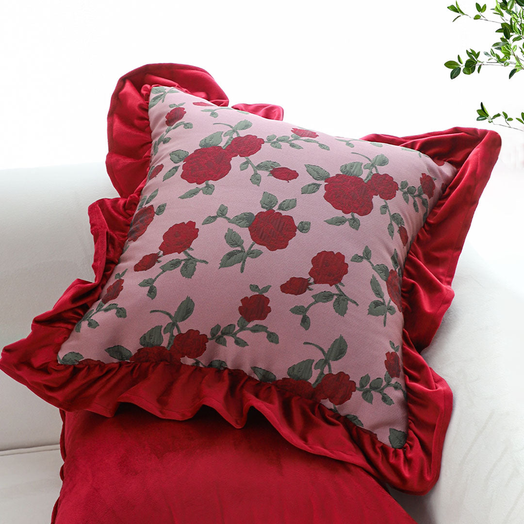 SOGA 45cm Rose Garden Pillow Cover with Burgundy Ruffle