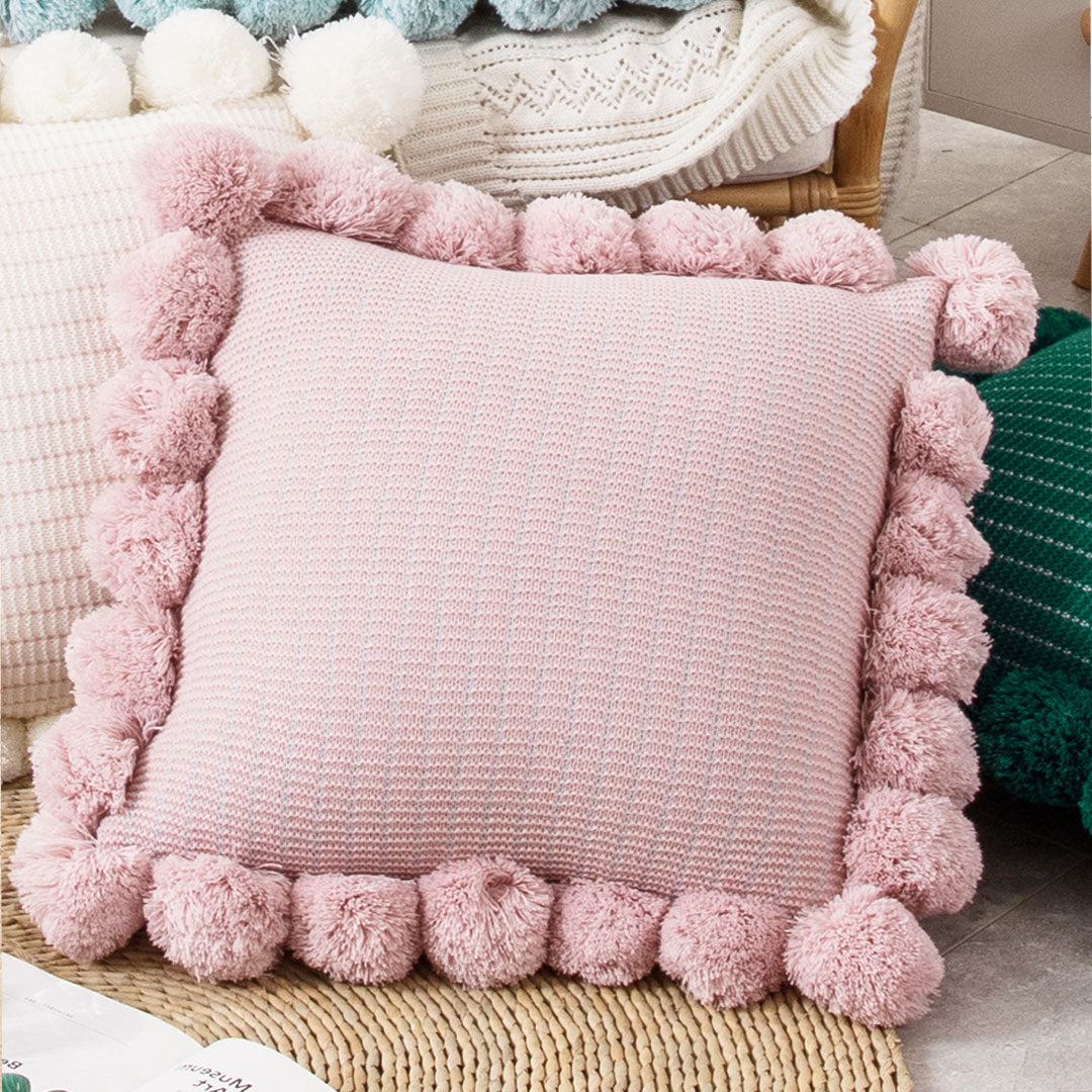 SOGA 45cm Blush Pink Ribbed Pillow Cover with Pom Poms