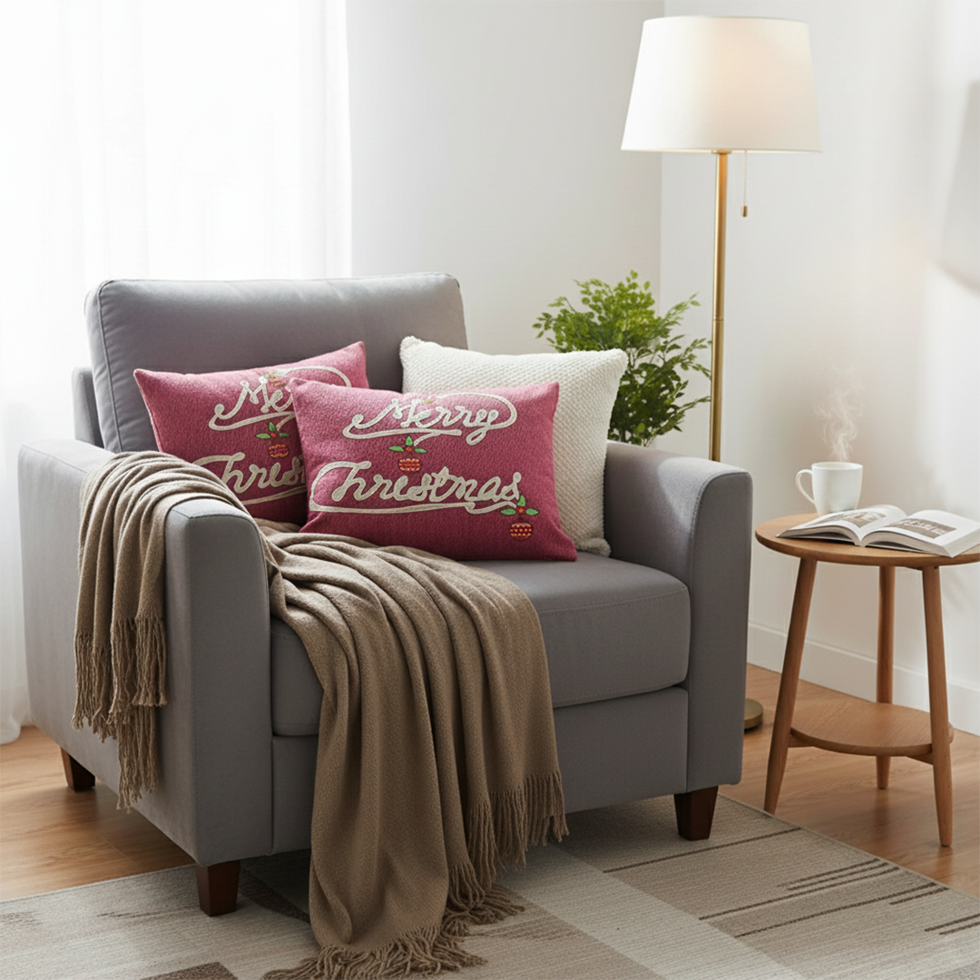 SOGA 4PC Christmas Set – Coffee Knitted Throw with Fringes + Script & Cream Pillowcases – Cozy Festive Decor