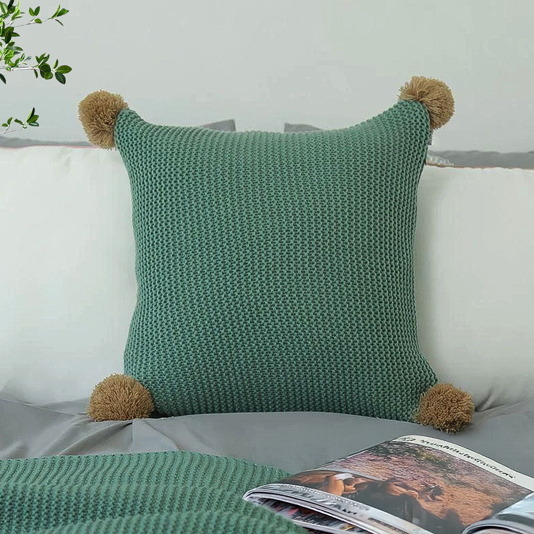 SOGA 45cm Ribbed Knit Pillowcase with Pom-Poms (Sage Green)