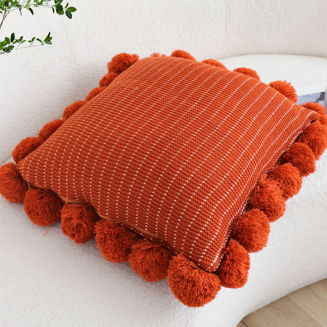 SOGA 45cm Rust Red Ribbed Pillow Cover with Pom Poms