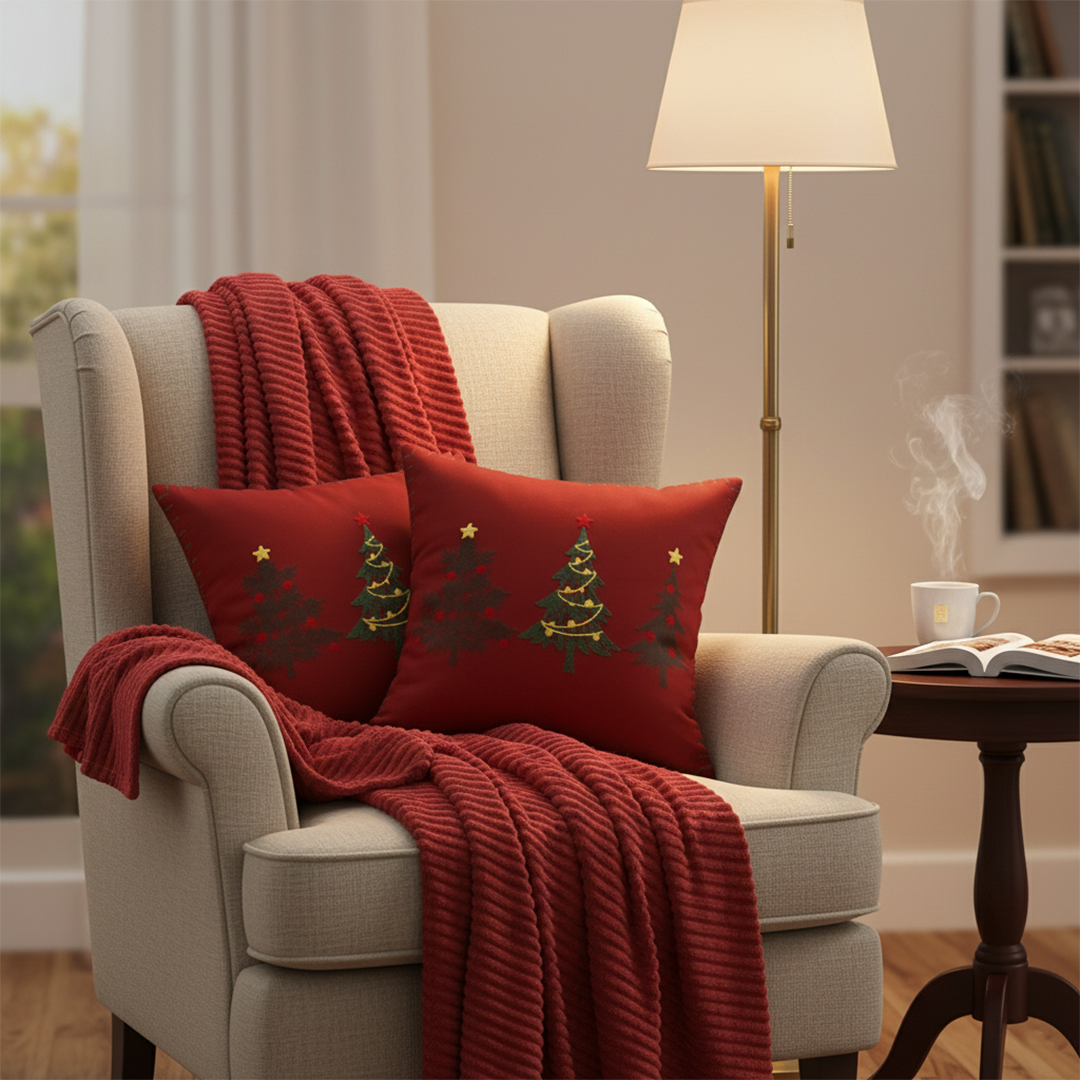 SOGA 3PC Christmas Set – Burgundy Striped Flannel Throw Blanket with Red Tree Trio Pillow Covers