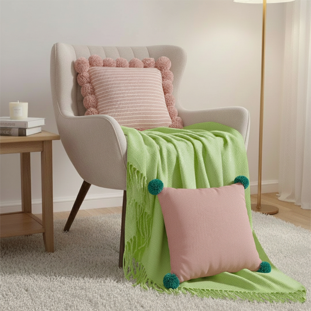 SOGA 3PC Cozy Knit Set – Green Acrylic Throw Blanket with Ribbed Pillow Covers and Pom-Poms (Blush Pink & Dusty Rose Design)