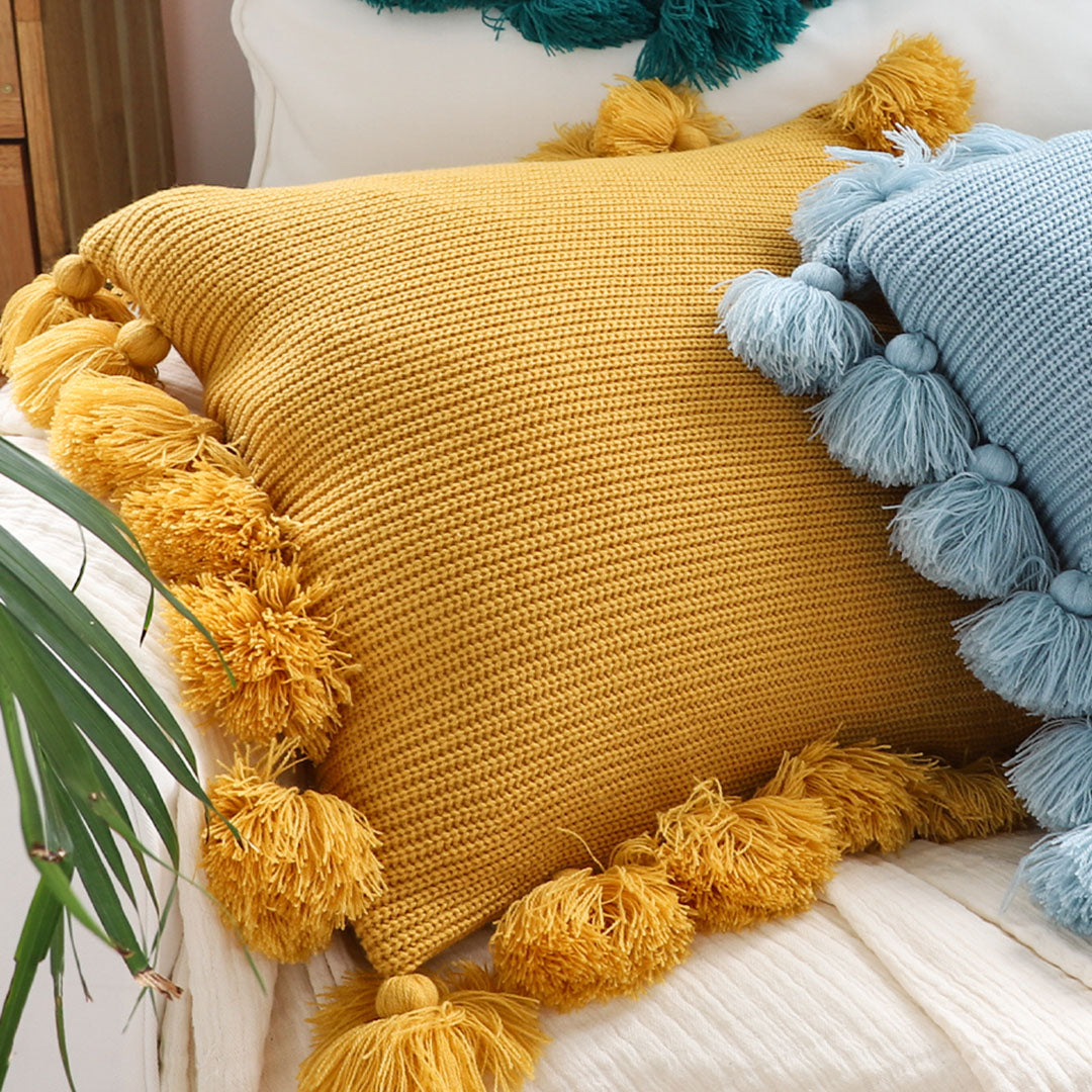 SOGA 45cm Textured Pillowcase with Pom-Pom Trim (Sunny Yellow)
