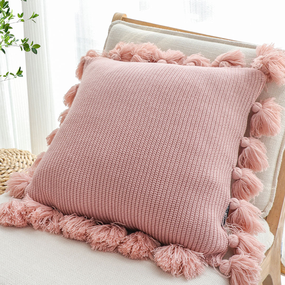 SOGA 45cm Textured Pillowcase with Pom-Pom Trim (Soft Pink)