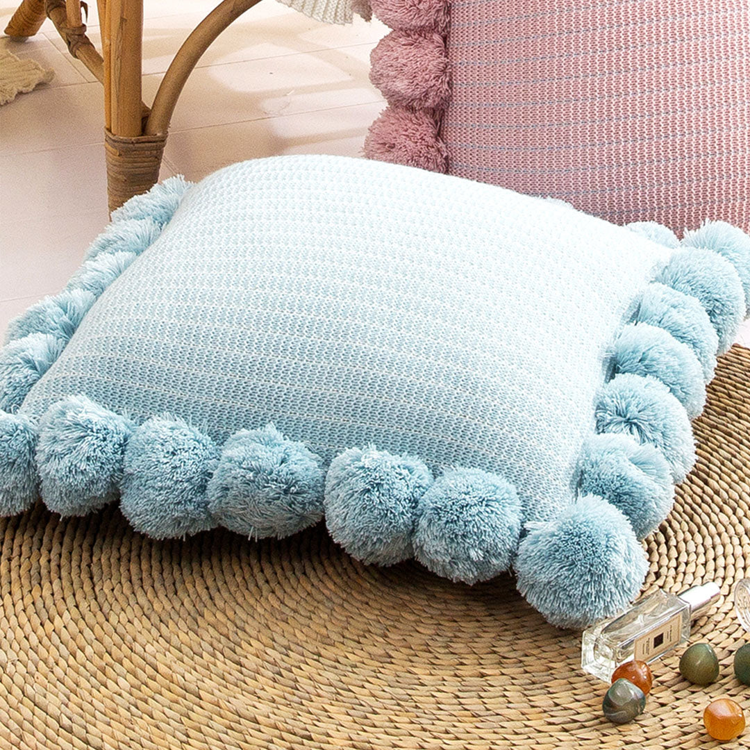 SOGA 45cm Light Blue Ribbed Pillow Cover with Pom Poms