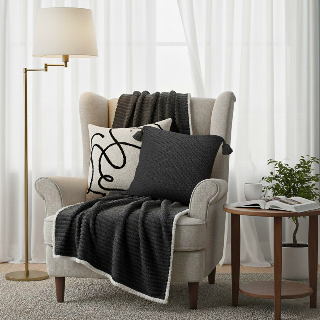 SOGA 3PC Cozy Home Set – Flannel Throw Blanket with Decorative Pillow Covers (Knit & Abstract Design)