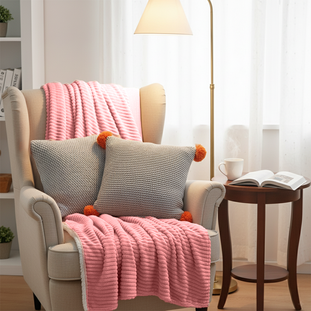 SOGA 3PC Cozy Set – Pink Flannel Throw Blanket with Pillow Covers (Stone Texture & Gray Ribbed Pom-Poms Design)