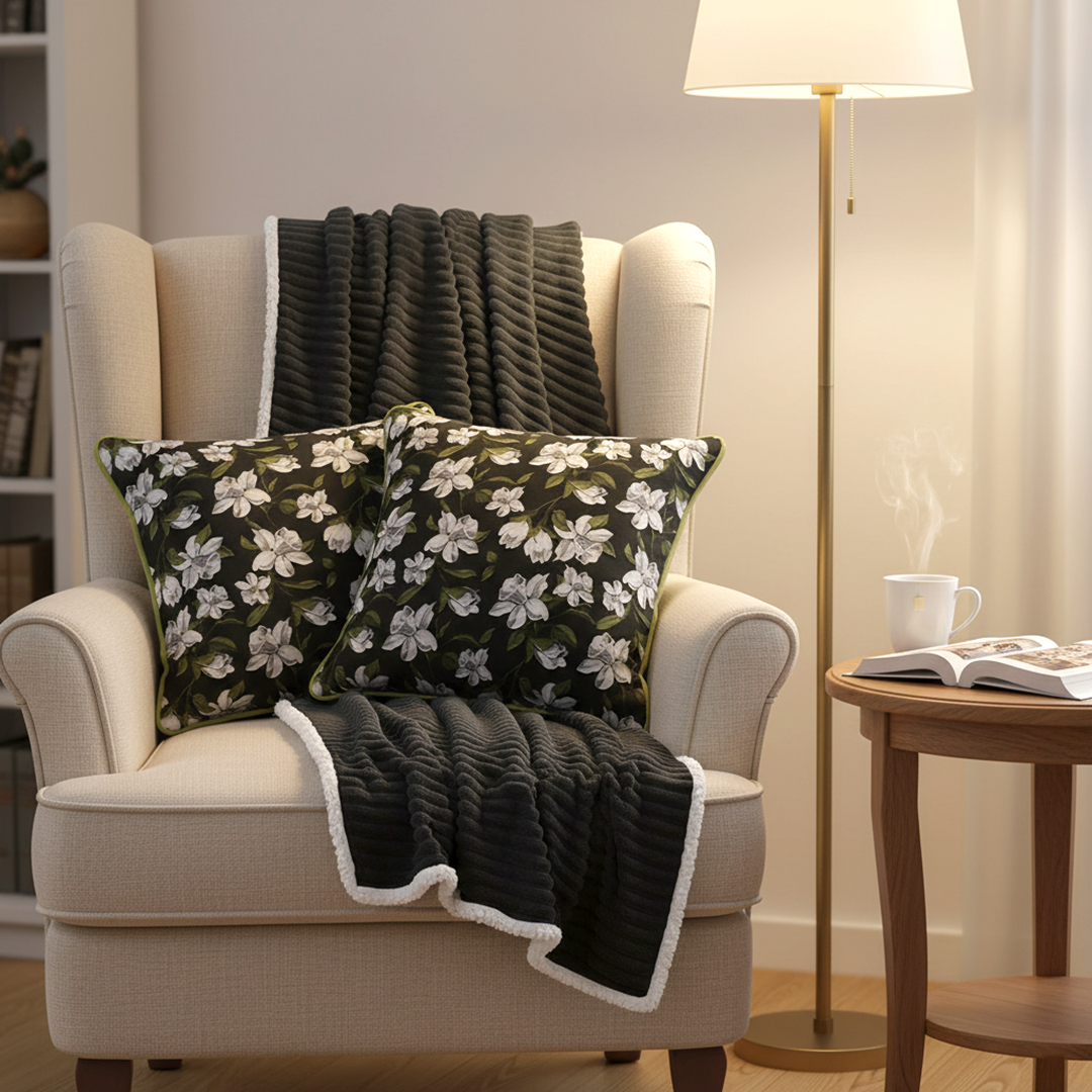 SOGA 3PC Cozy Set – Double-Sided Flannel Throw Blanket with Black Floral Pillow Covers (Green Trim Design)