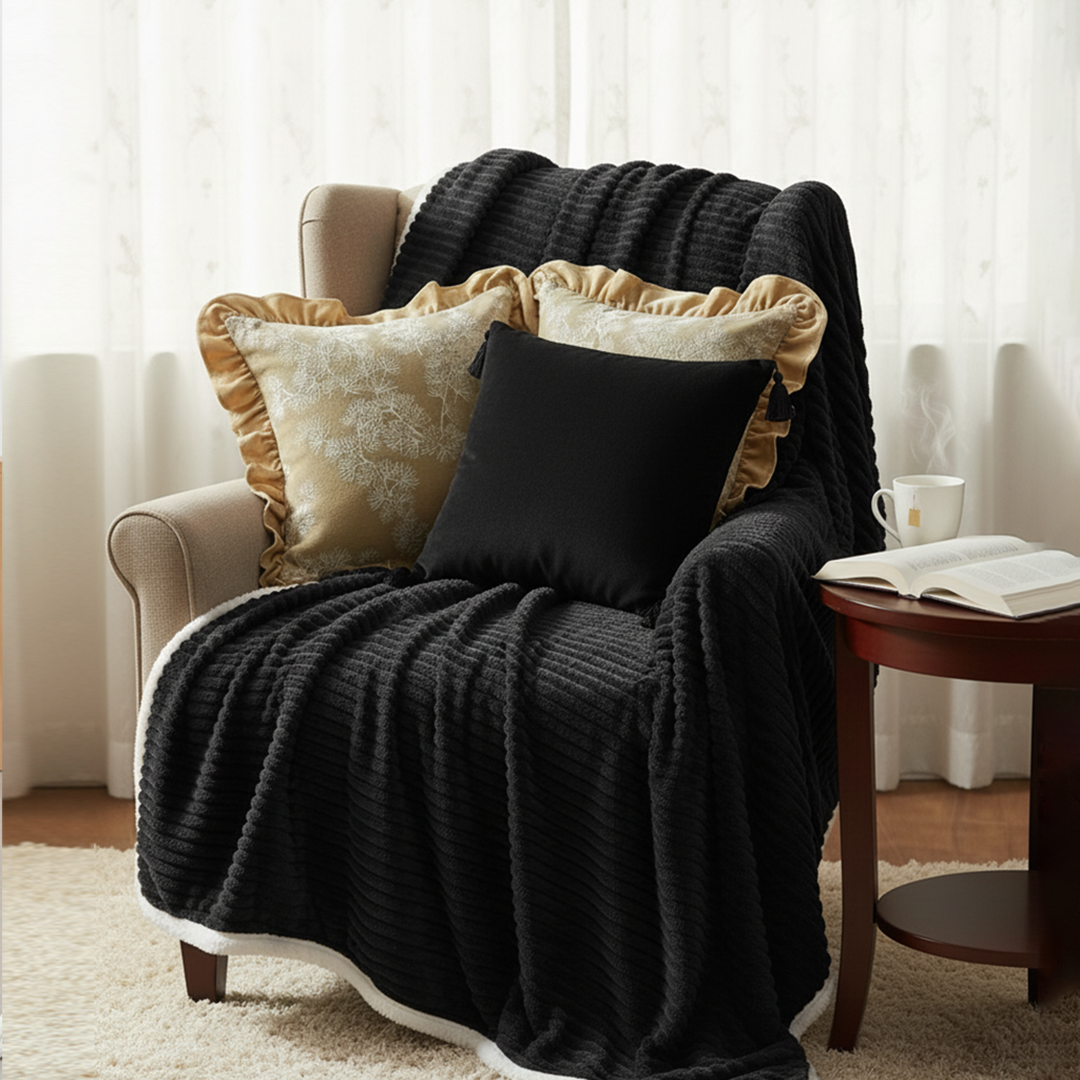 SOGA 5PC Set – Flannel Throw Blanket + Black Art Deco & Champagne Floral Ruffle Pillowcases – Cozy Decor