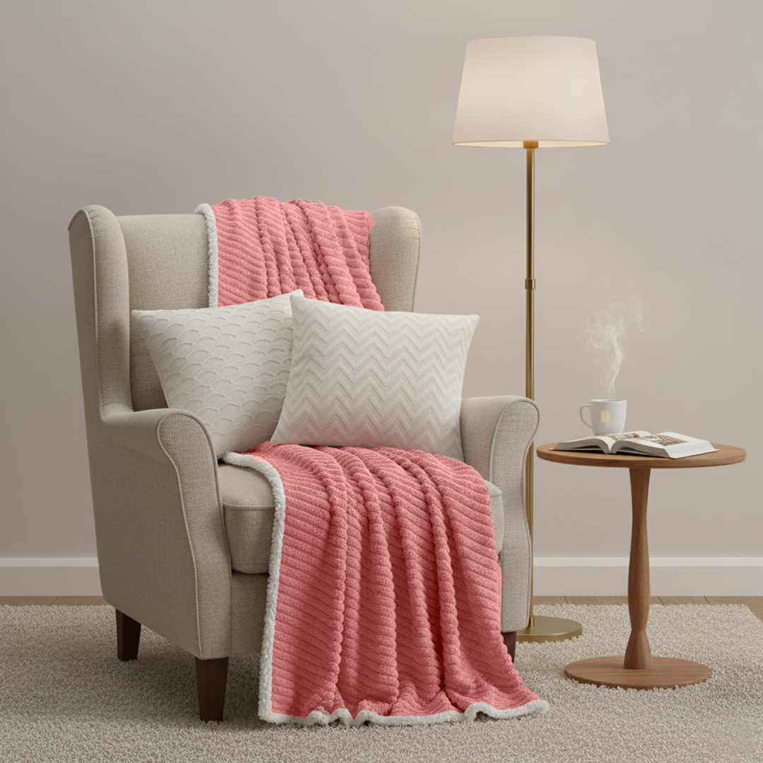 SOGA 3PC Cozy Set – Pink Flannel Throw Blanket with Decorative Pillow Covers (Chevron Pure & Scalloped Wave White Design)