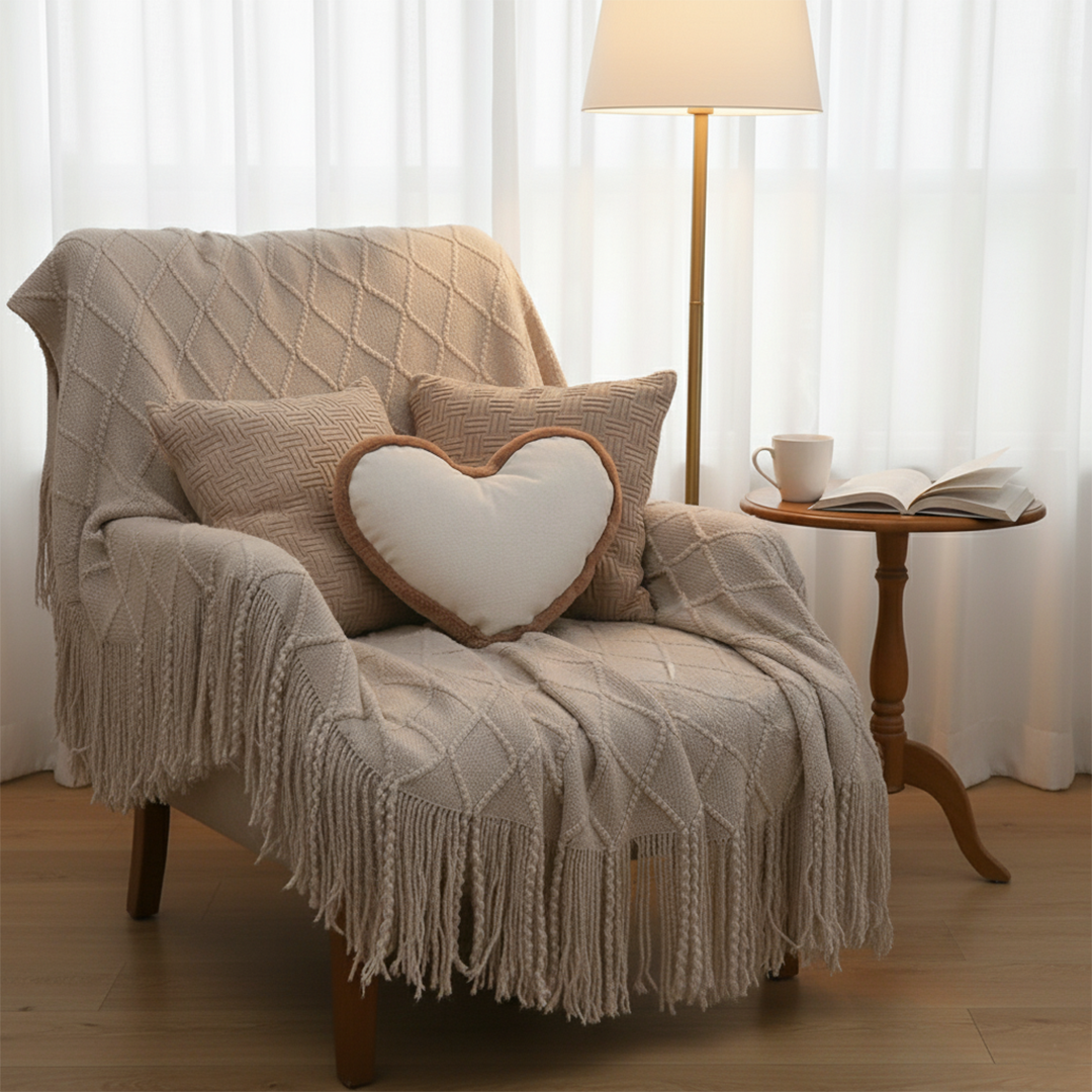 SOGA 4PC Set – Coffee Diamond Knitted Throw with Tassels + Taupe Grid Pillowcases & Heart Plush Pillow – Cozy Neutral Decor